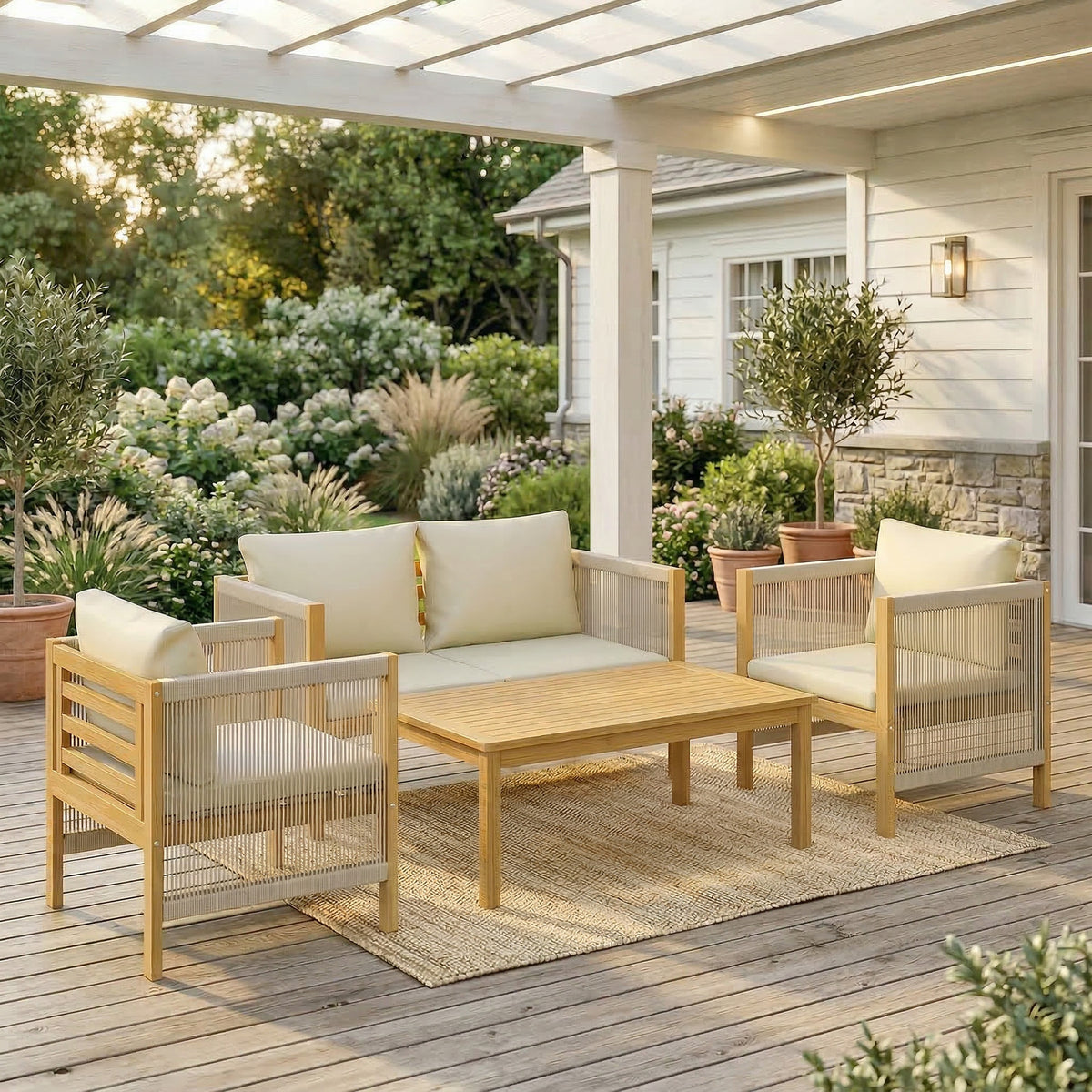 Conjunto De Jardín Outsunny Madera De Acacia, Cuerda De Pp Beige 120x60x64 Cm_1