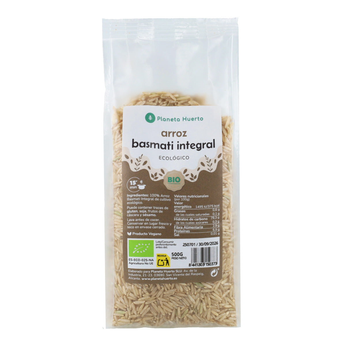 Arroz Basmati integral ECO Planeta Huerto 500 g