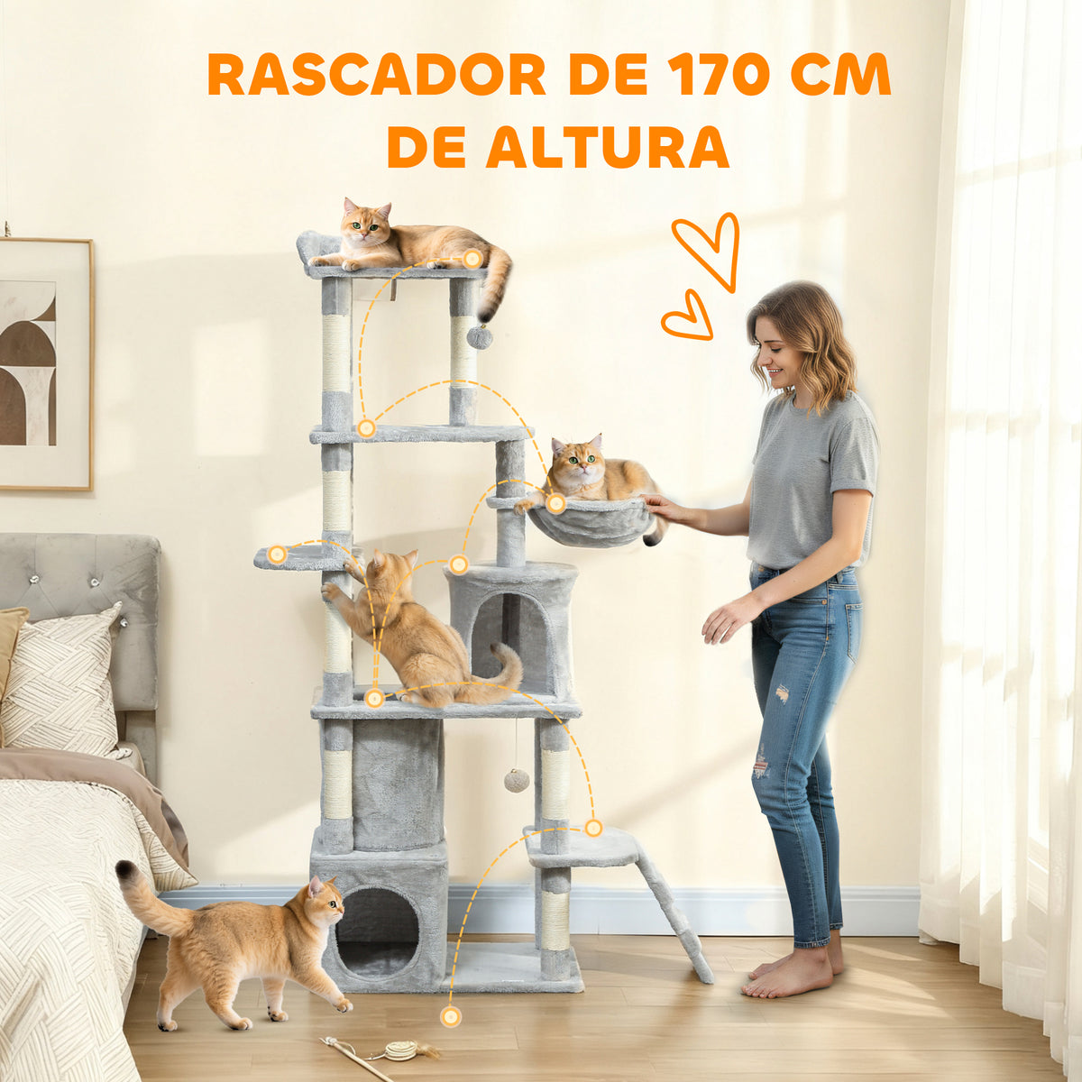 Pawhut Árbol Rascador Para Gatos Grande Altura 170 Cm Gris Claro_3