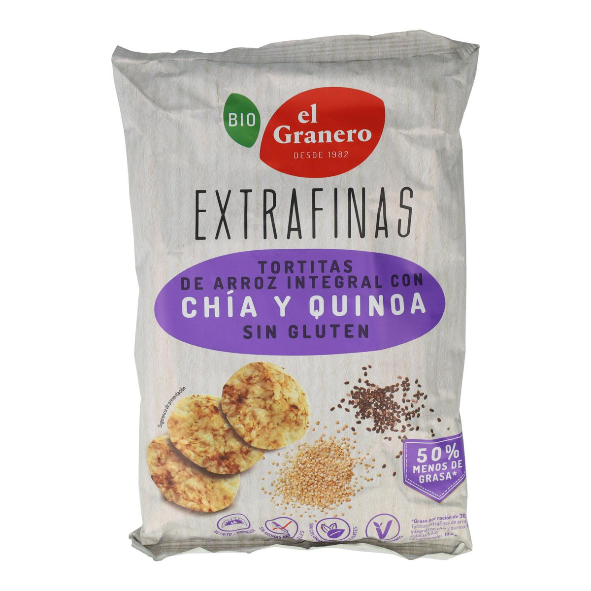 Tortitas Extrafinas de Arroz Integral, Chia y Quinoa BIO Sin gluten El Granero 60 g