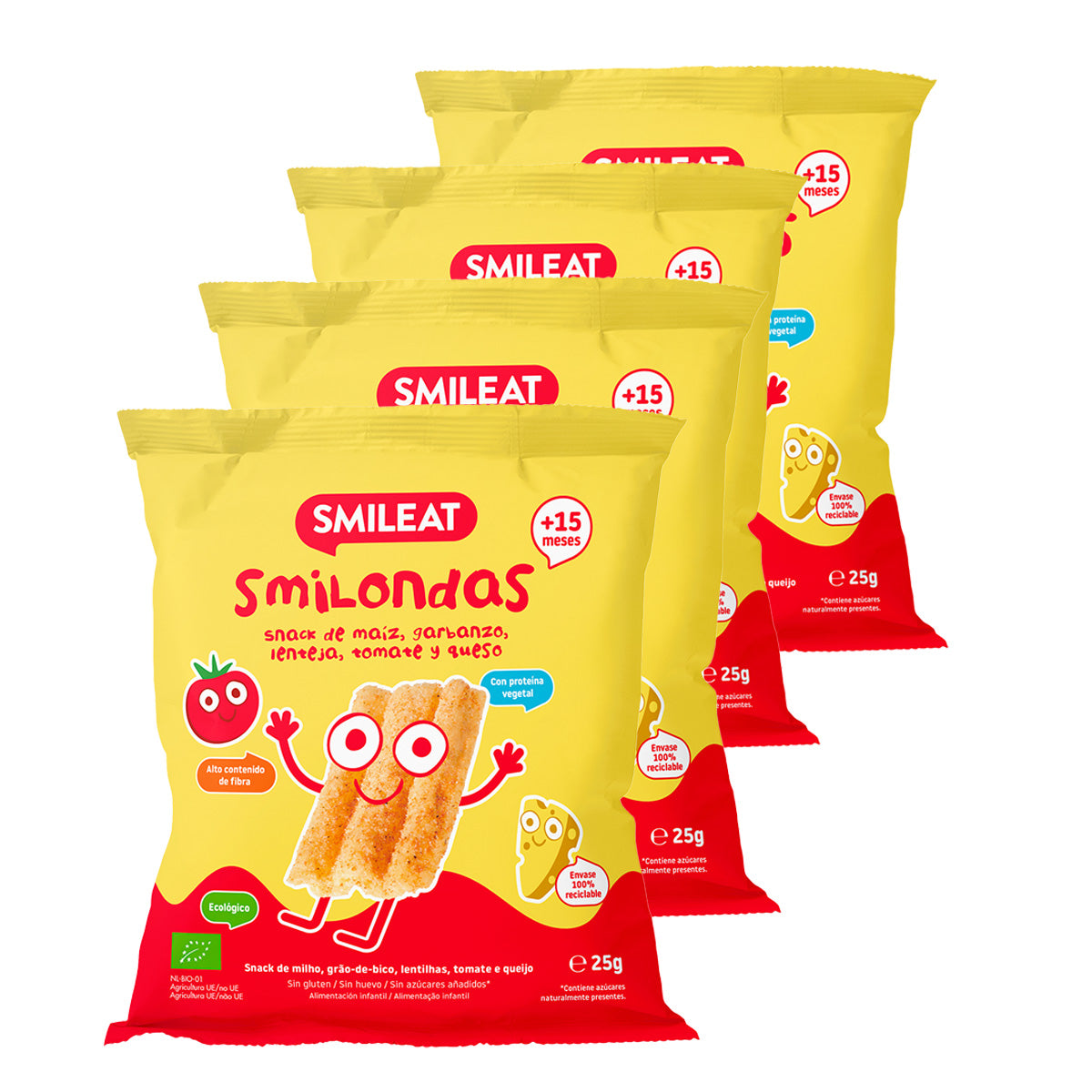 Pack 4x Smilondas Snack de Maiz, garbanzo, lenteja, Tomate y Queso Eco, Smileat, 25 g