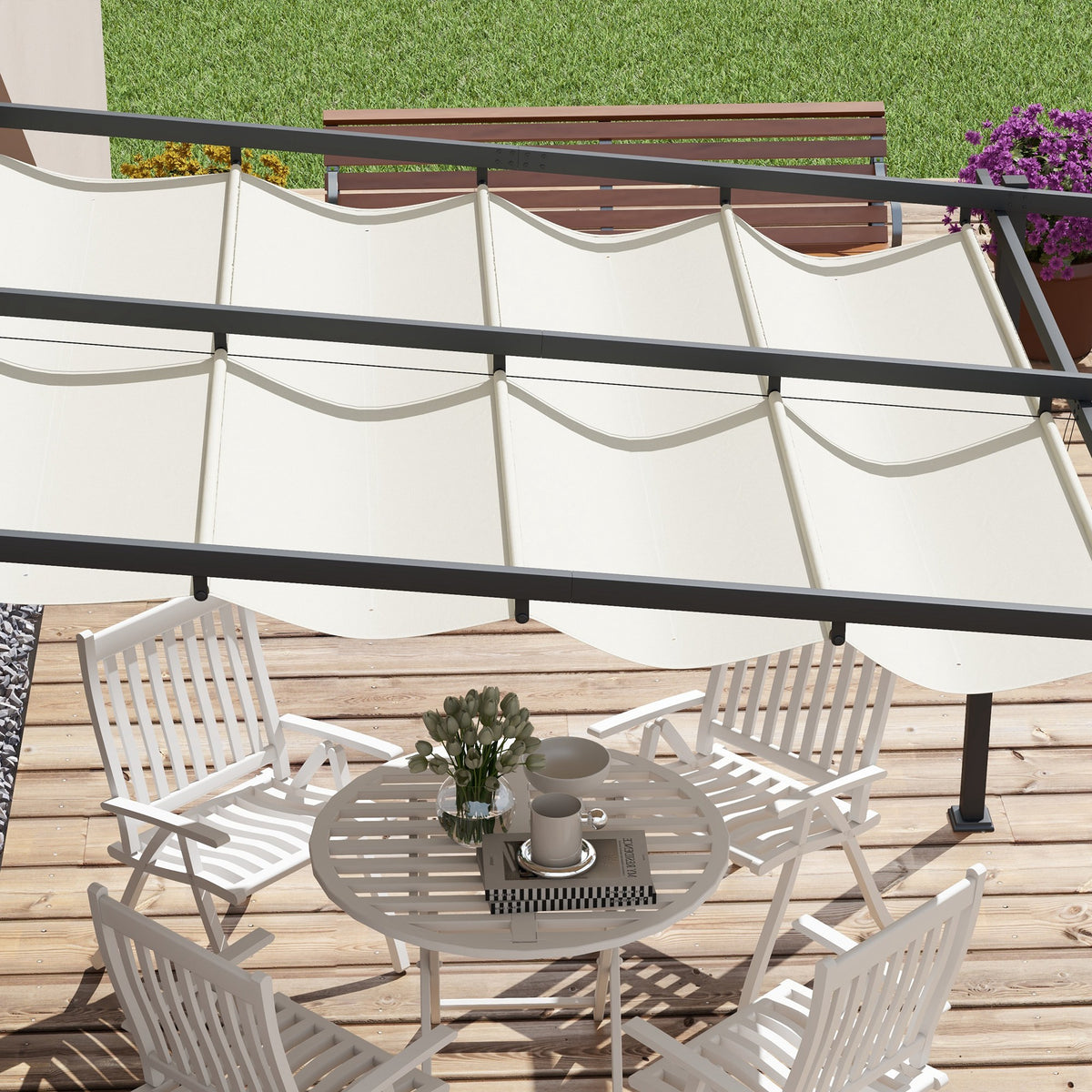 Pérgola Outsunny Poliéster, Acero Crema 297x297x230 Cm_4
