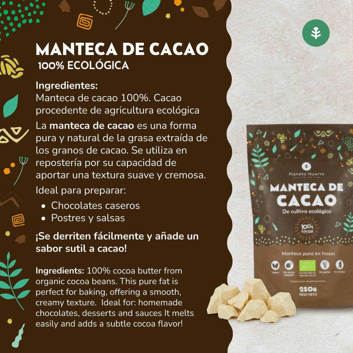 Manteca de cacao pura en trozos ECO Planeta Huerto 250 g