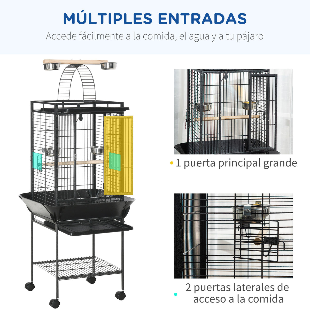 Jaula Para Pájaros Con Soporte Y Ruedas Pawhut 62,5x62,5x156cm Gris_5