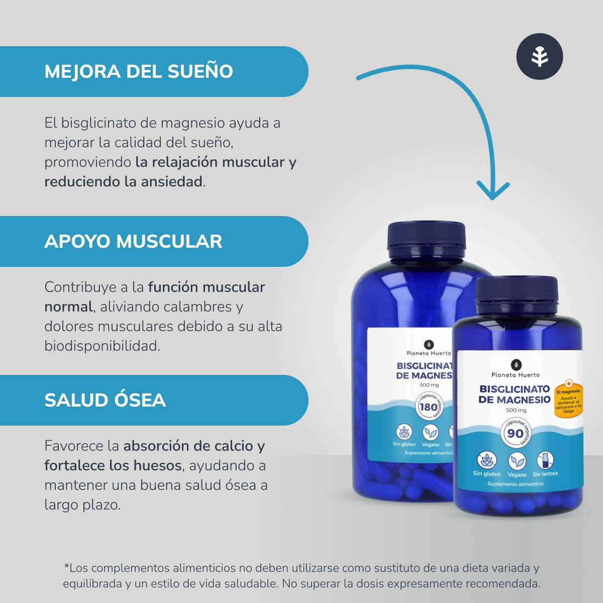 Pack 2xBisglicinato de Magnesio 500 mg Planeta Huerto 180 cápsulas