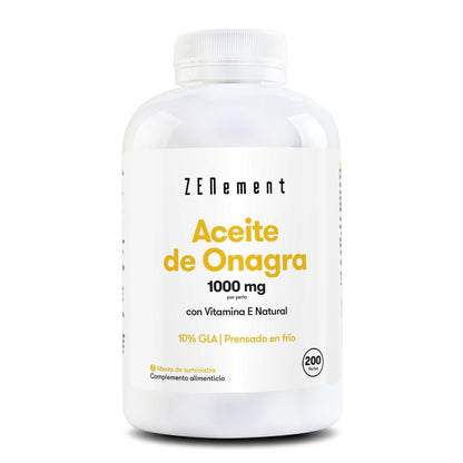 Aceite de Onagra, 1000 mg por perla, 10% GLA, prensado en frío Zenement, 200 comprimidos