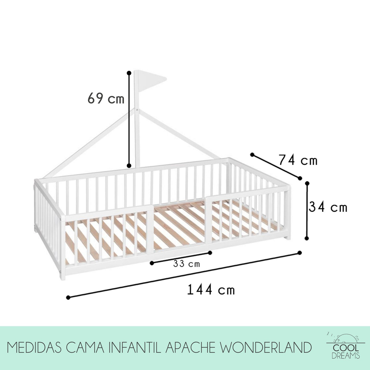 Cama Montessori Apache 140×70 Cm De Madera De Haya Con Colchón Sanitario Ternum, Color Blanco_2