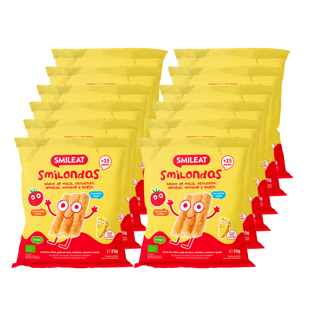 Pack 12x Smilondas Snack de Maiz, garbanzo, lenteja, Tomate y Queso Eco, Smileat, 25 g