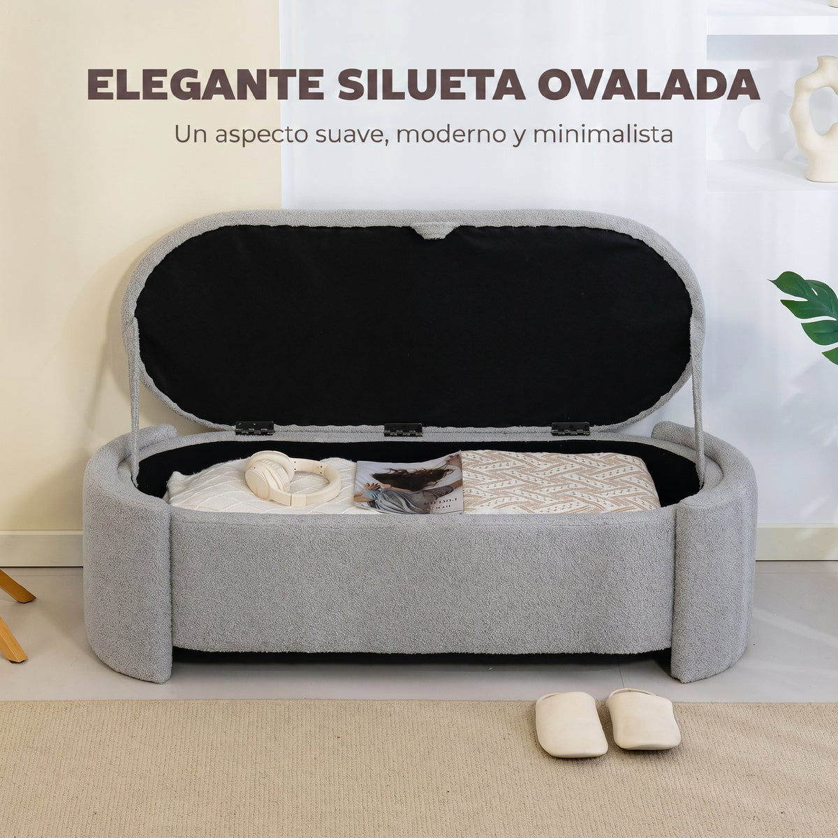 Banco De Almacenaje Homcom Terciopelo De Teddy Gris Claro 129x48.5x44 Cm_5