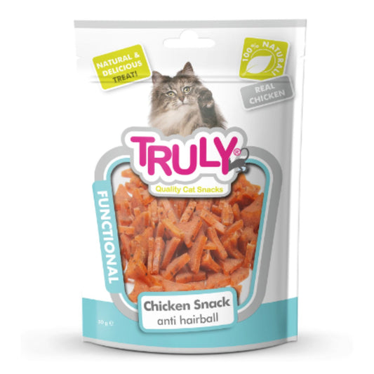 Snack Semihumedo Anti Hairball Para Gato Truly 20 Bolsas X 50 Gr_0