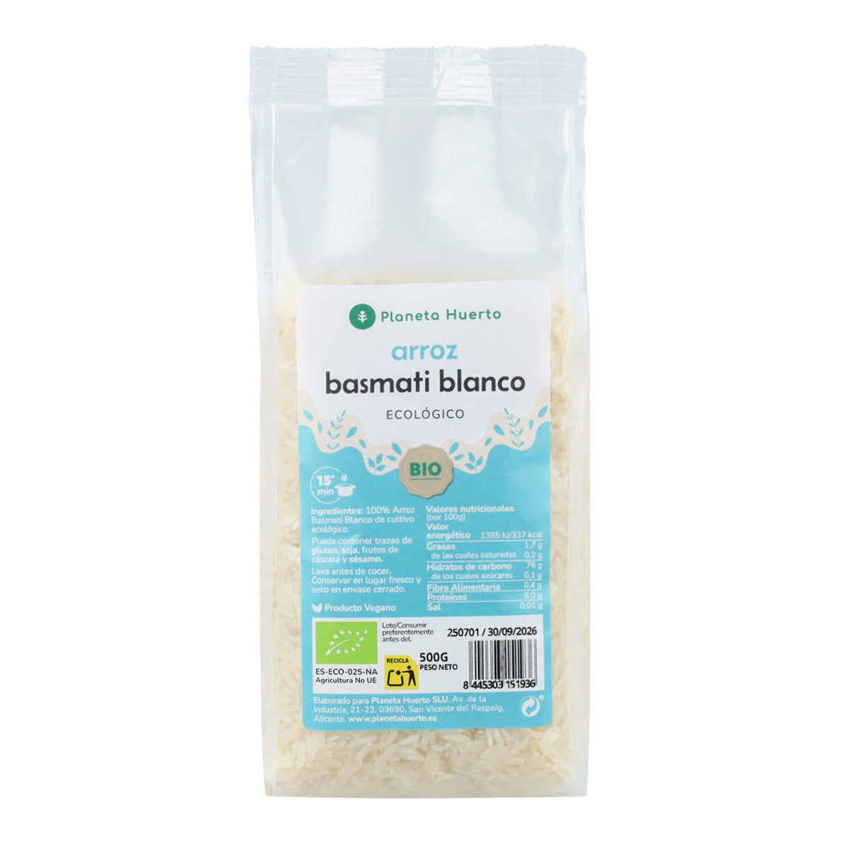 Arroz Basmati blanco ECO Planeta Huerto 500 g