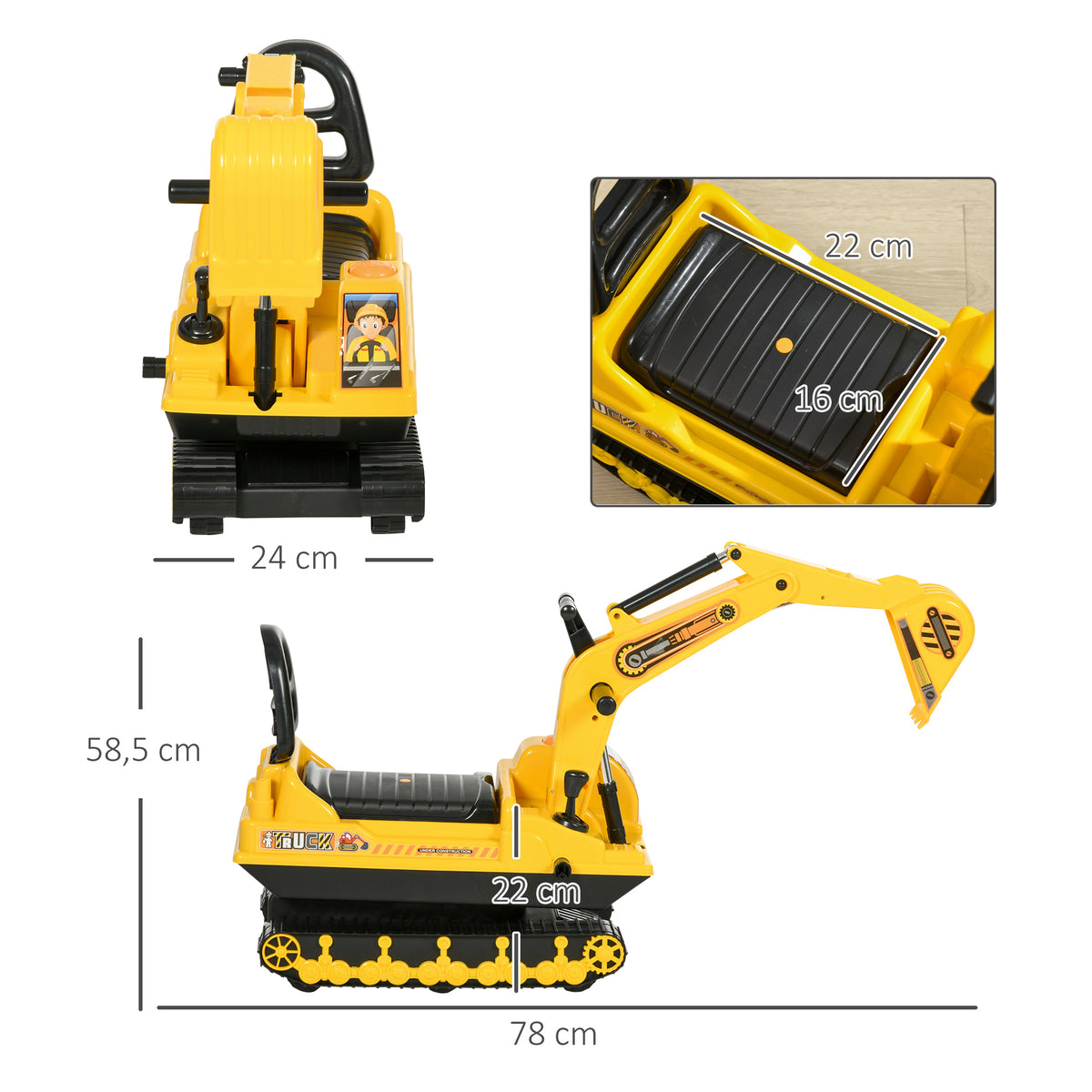 Tractor Infantil Homcom Pp, Abs Amarillo 78x24x58.5 Cm_2