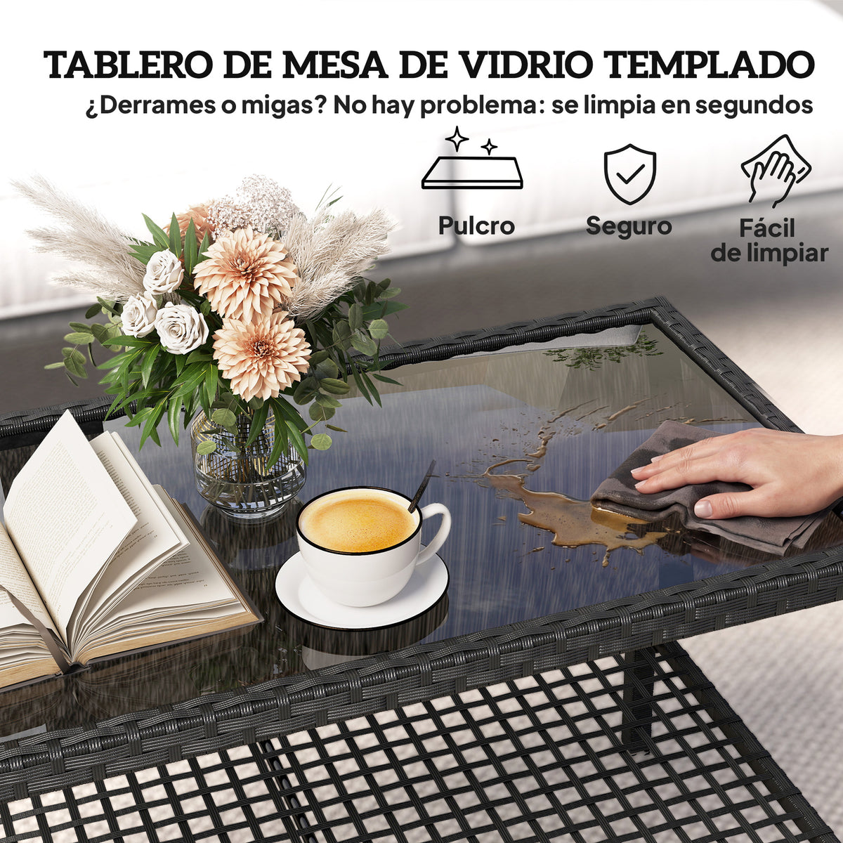 Mesa De Jardín Outsunny Ratán Pe, Acero Negro 92x50x45 Cm_5