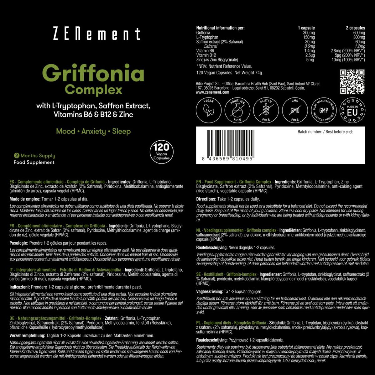Complejo de Griffonia (fuente de 5-HTP) con L-Triptófano, extracto de azafrán, B6, B12 y Zinc Zenement, 120 comprimidos