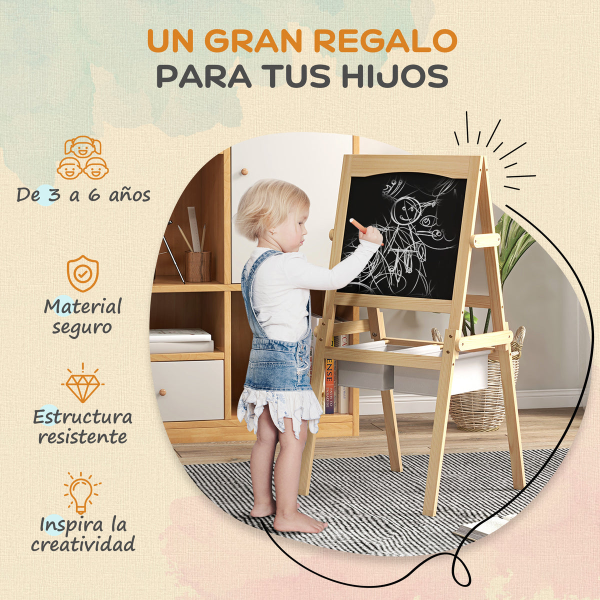 Caballete Para Niños Aiyaplay Mdf, Madera De Pino, Papel Madera Natural 58x50,5x109 Cm_5