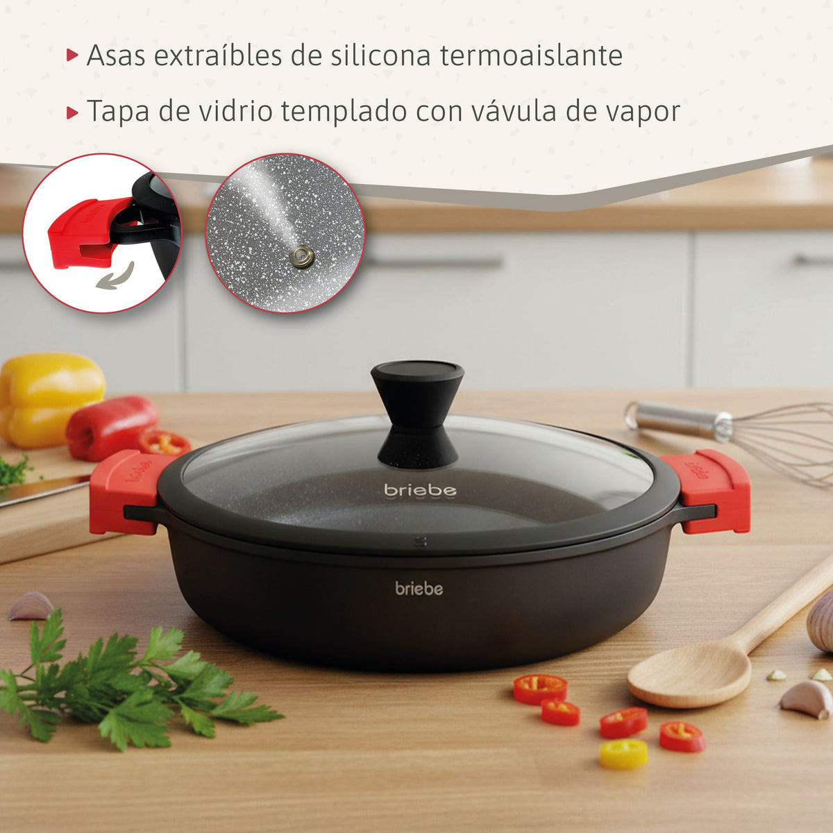 Briebe Cacerola Baja Cocina Inducción Antiadherente Titanio, Cazuela 24cm, Aluminio Fundido Sin Pfoa, Black Titanium_5