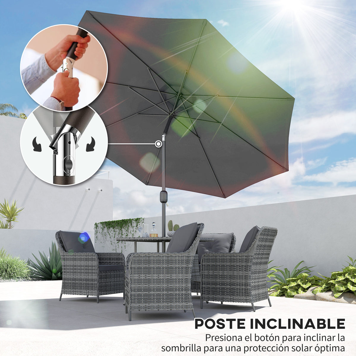 Sombrilla De Jardín Con Inclinación Outsunny Ø295x250 Cm Gris Oscuro_3