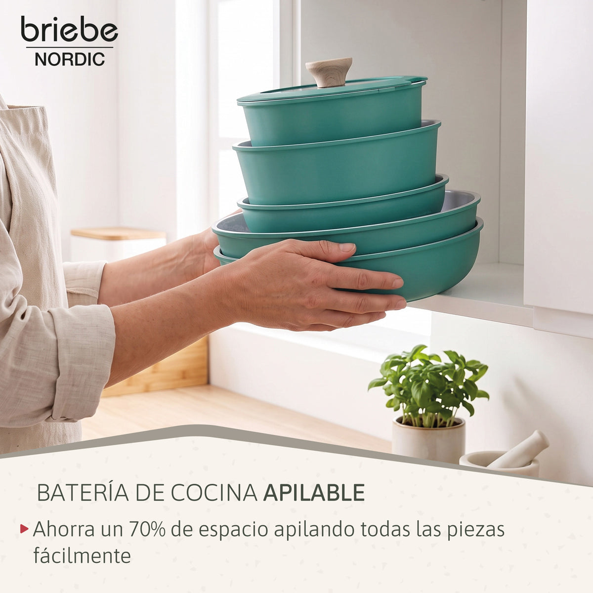 Briebe Nest Batería Cocina Inducción Cerámica Mango Extraíble Apilable, Antiadherente Suizo Ilag, 13 Piezas, 3 Sartenes_2