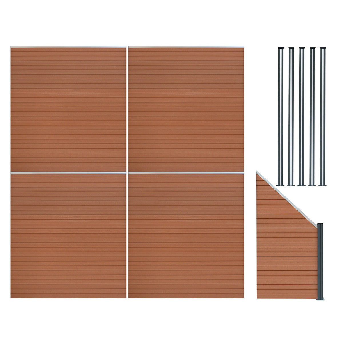 Vallas Para Exteriores De Wpc Y Aluminio - 4x Paneles Cuadrados + 1x Oblicuo + 5x Postes Con Led | Marrón_0