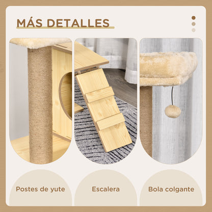 Pawhut Árbol Rascador Para Gatos Altura 130cm Con Postes De Yute Camas Amarillo_4
