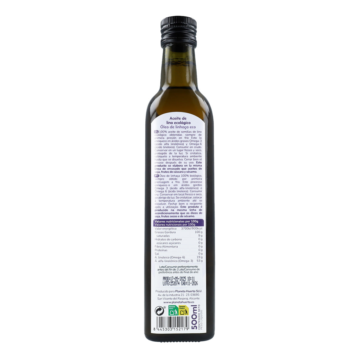 Pack 3x Aceite de Lino prensado en frío ECO Planeta Huerto 500 ml
