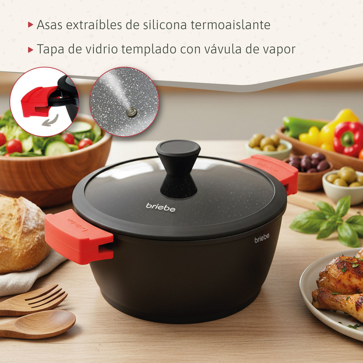 Briebe Batería Cocina Inducción Antiadherente Titanio, 6 Piezas Aluminio Fundido 3 Ollas Sin Pfoa Tapa, Blackt3, Negro_5