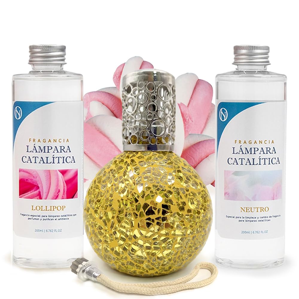 Pack Ahorro Lámpara Catalítica Mosaico Dorado + Fragancia Lollipop 200ml + Limpiador Neutro 200ml + Mecha Repuesto_0