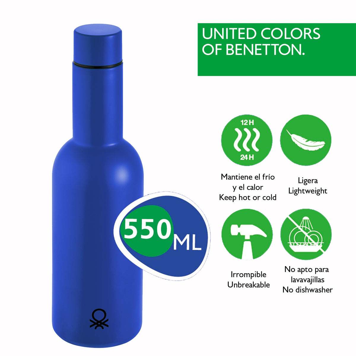Botella De Agua 550ml Acero Inoxidable Azul Casa Benetton_1