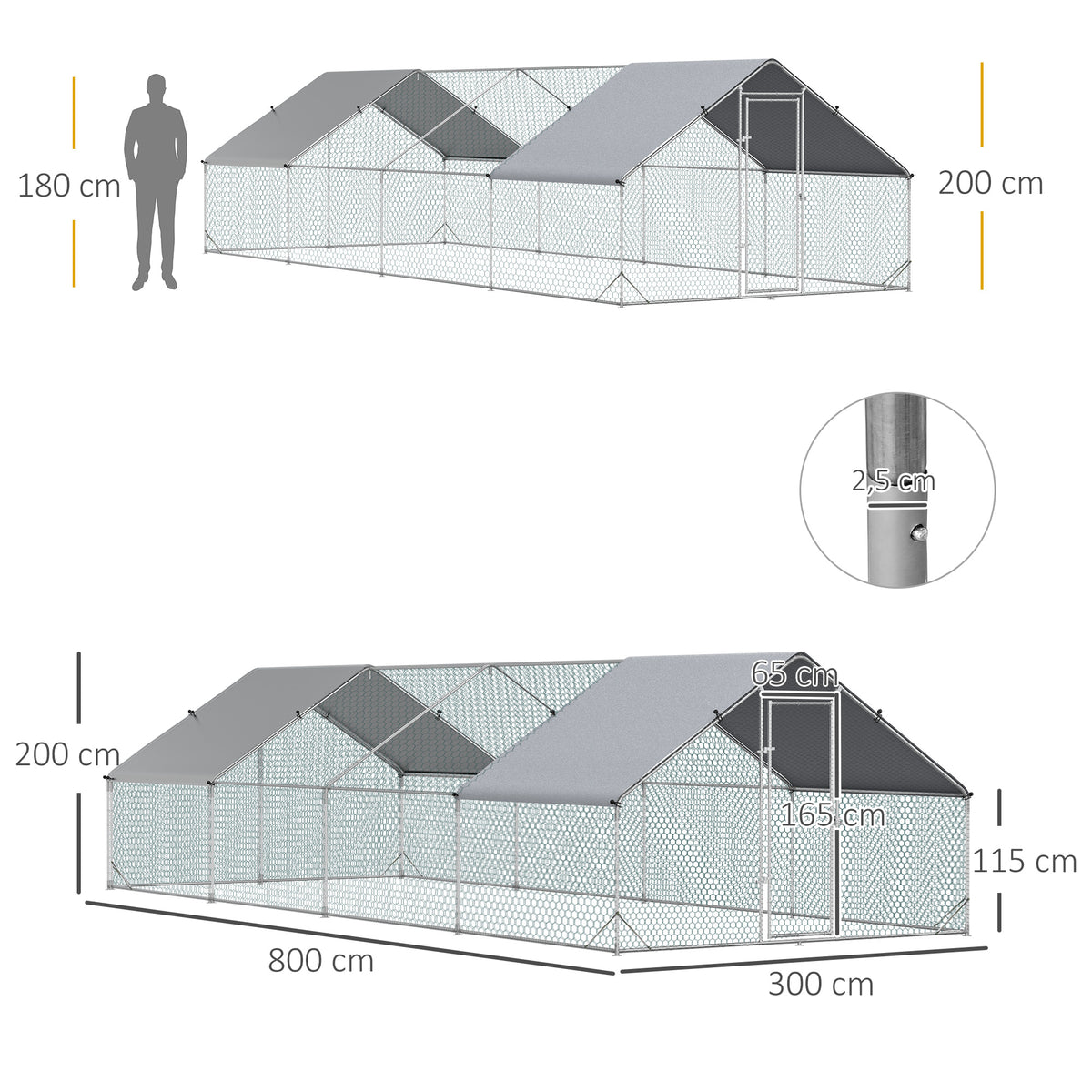 Gallinero De Exterior Acero Galvanizado Con Techo Pawhut 3x8x2 M Plata_2