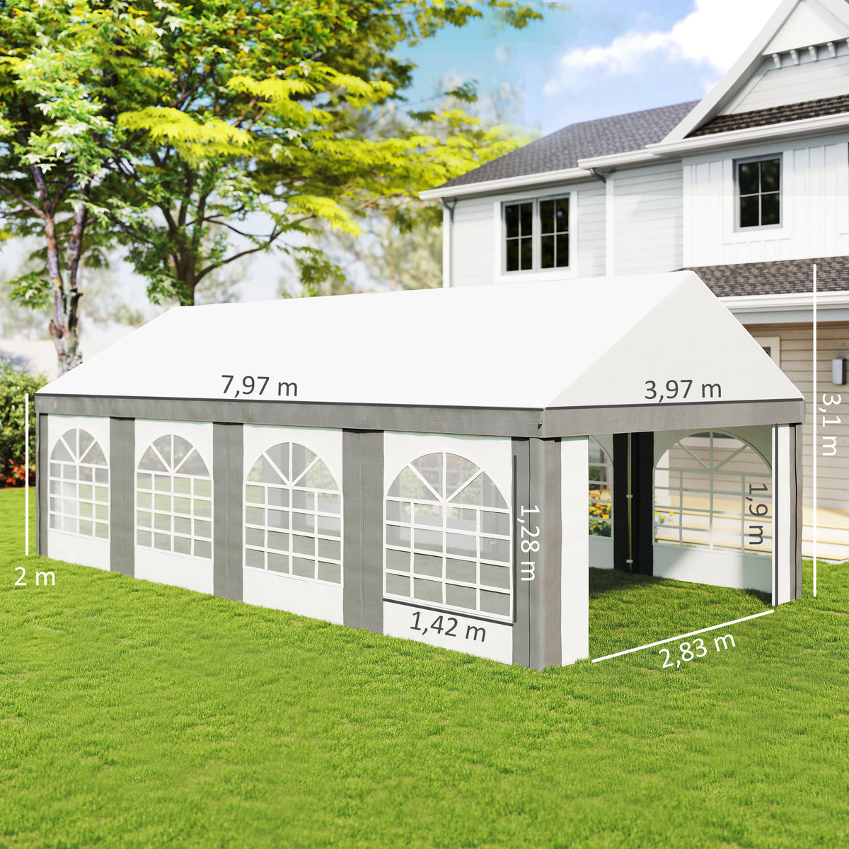 Carpa Para Fiesta Outsunny Acero, Pe Gris Y Blanco 797x397x310 Cm_2