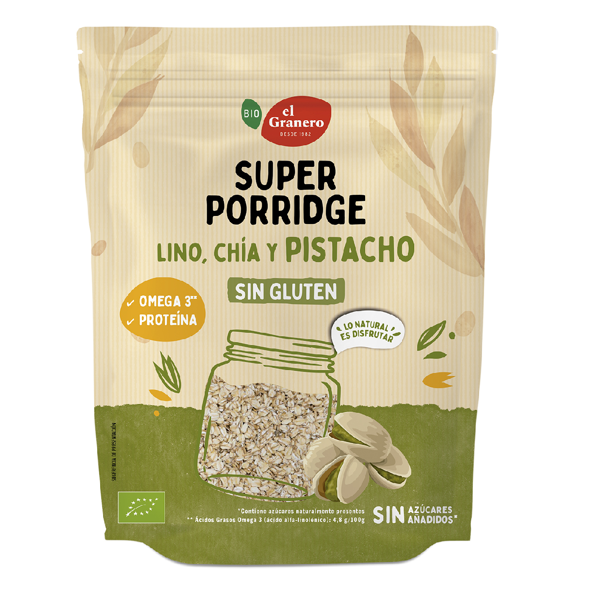 Super Porridge Copos de Avena Sin Gluten con Pistacho, Lino y Chia BIO El Granero 350 g