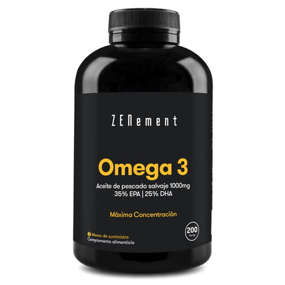 Omega-3 Máxima concentración, aceite de pescado salvaje 1000mg | 35% EPA | 25% DHA Zenement, 200 comprimidos