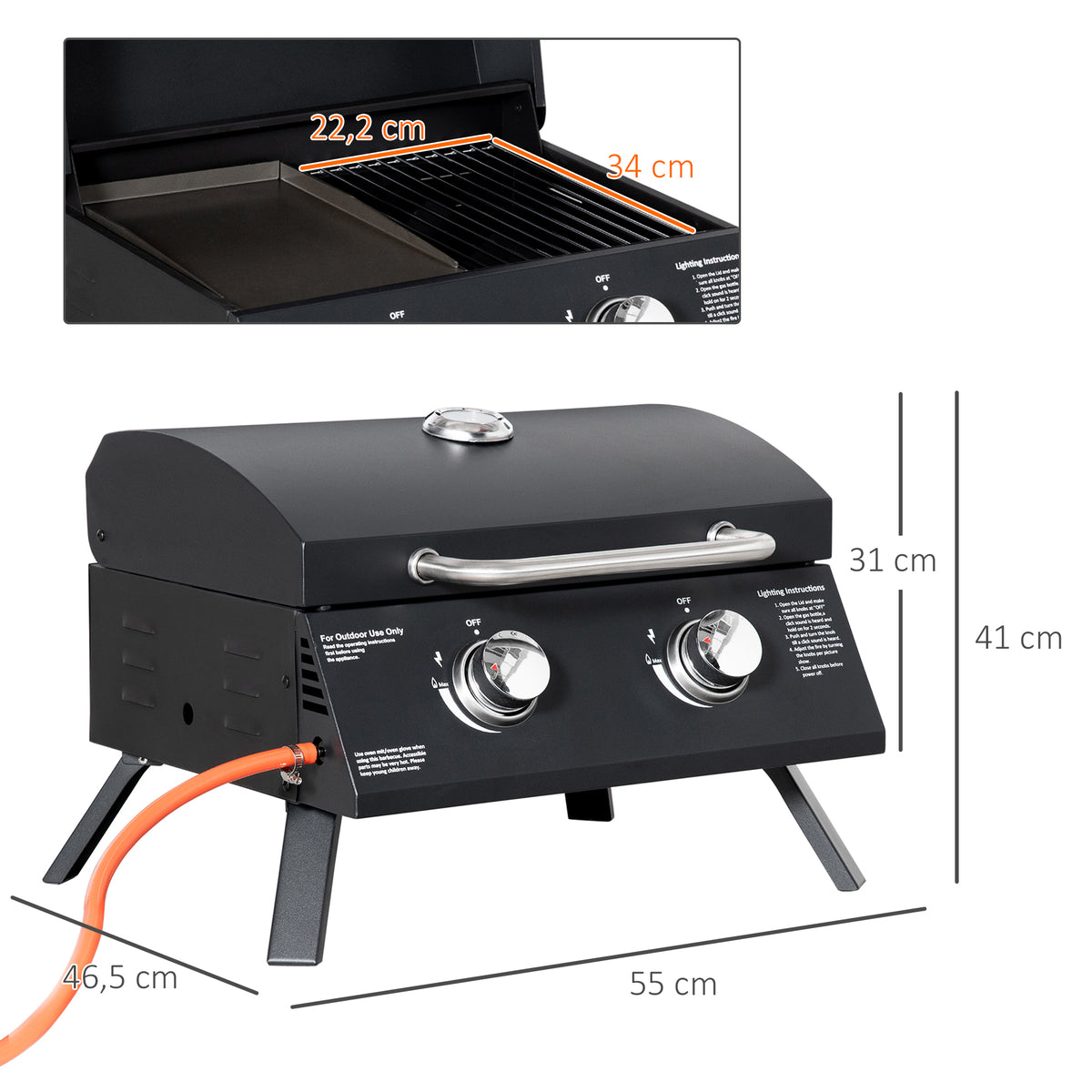 Barbacoa De Mesa Gas Plegable 2 Quemadores Outsunny 55x46,5x41cm Negro_2