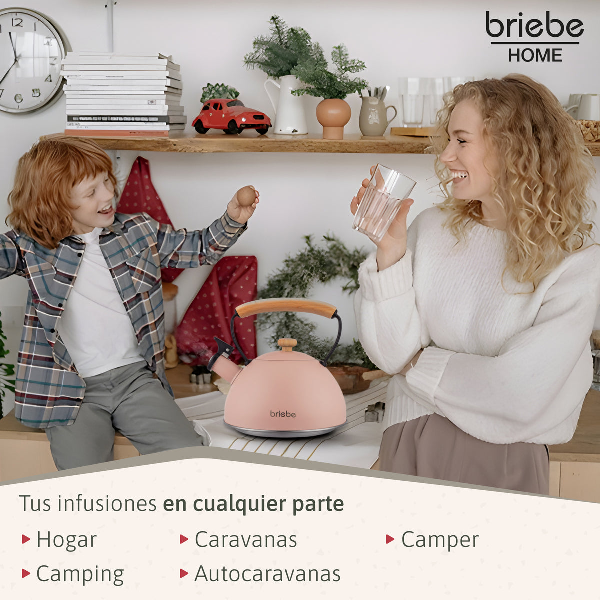 Briebe Tetera Con Silbato, Hervidor De Agua 2,3l, Inducción, Acero Inox, Vintage, Mango Madera, Pastel, Rosa_4