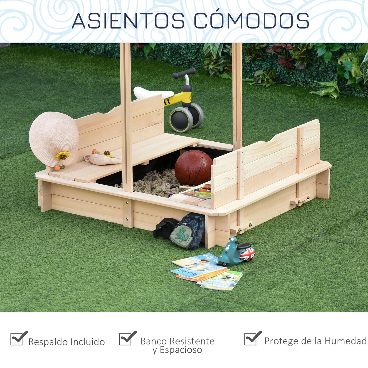 Arenero Para Niños Outsunny Madera 106x106x121 Cm Madera De Abeto_5