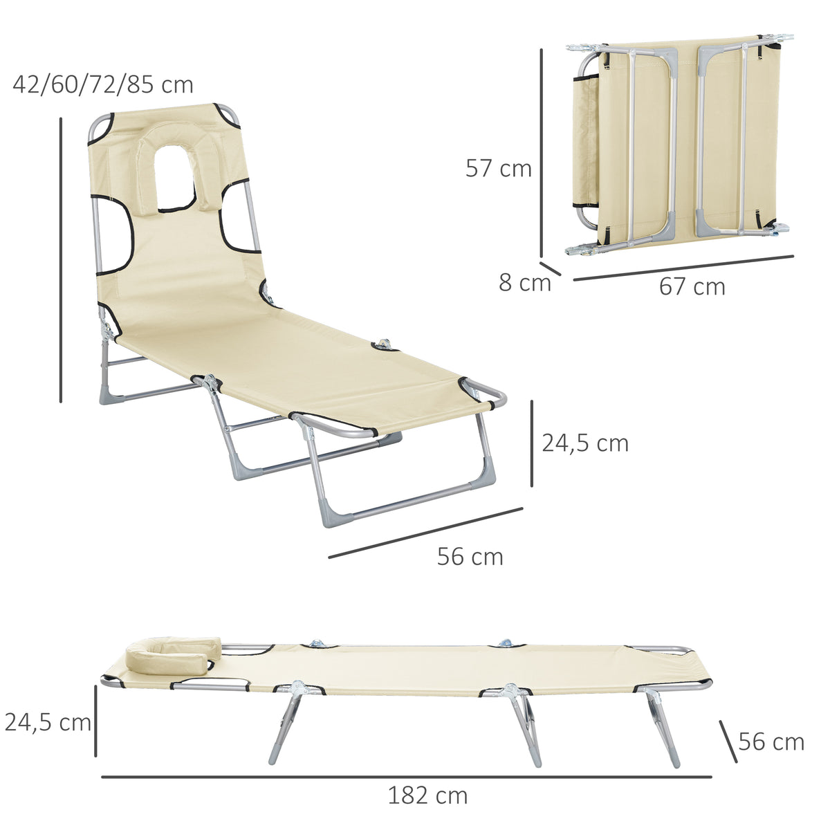 Tumbona Plegable Reclinable De Jardín Outsunny 182x56x24,5 Cm Beige_2
