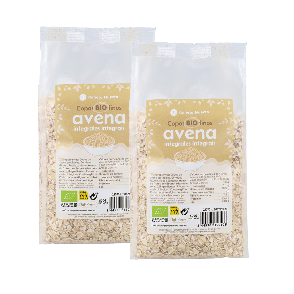 Pack 2x Copos de avena integral finos ECO Planeta Huerto 500 g