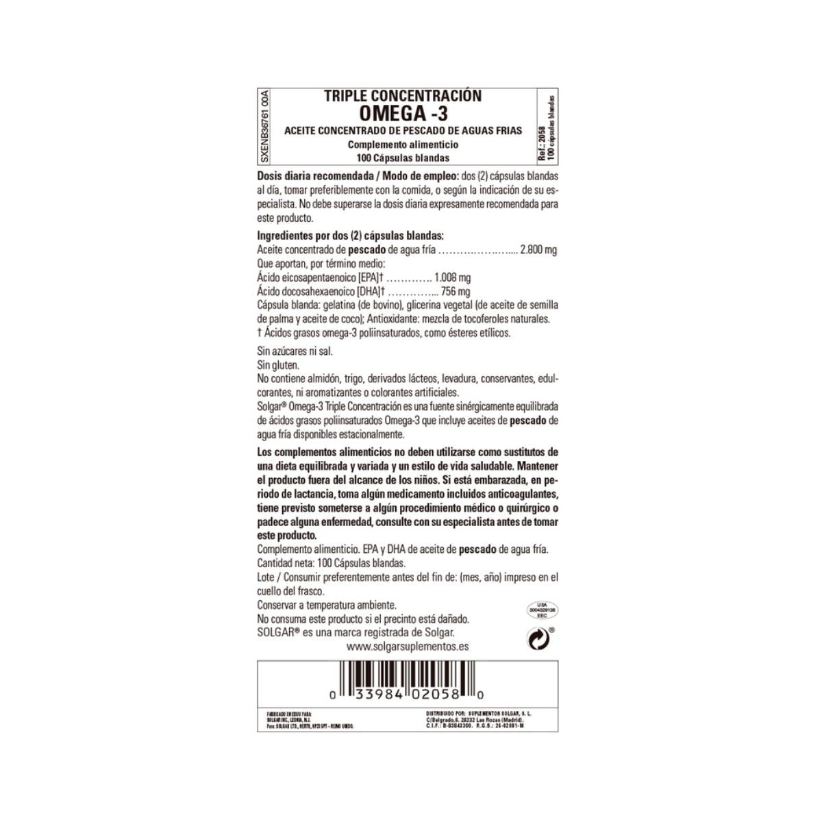 Omega 3 Triple Concentración Solgar 100 Cápsulas