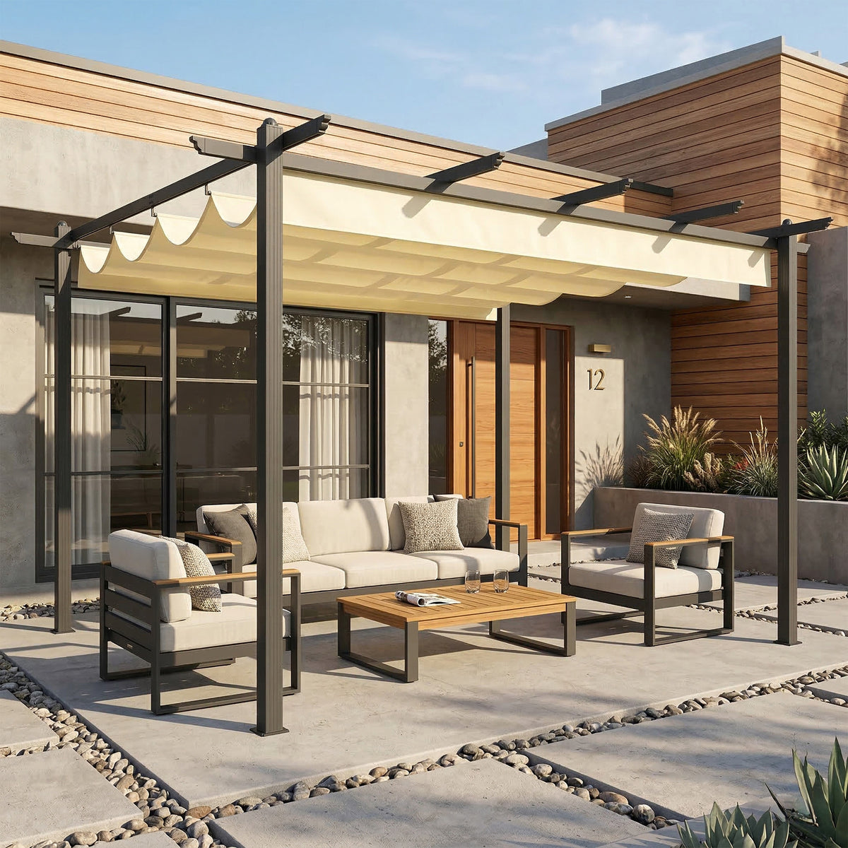 Pérgola Outsunny Aluminio, Poliéster Crema 396x296x220 Cm_1