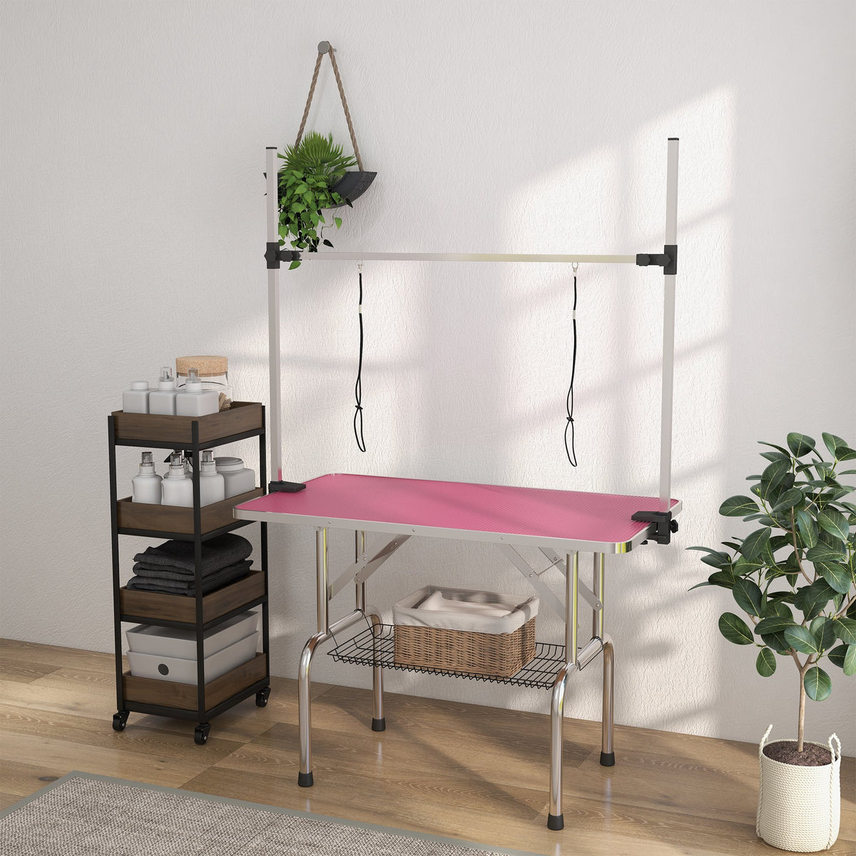 Mesa De Peluquería Pawhut Goma, Metal Rosa 107x60x164 Cm_4
