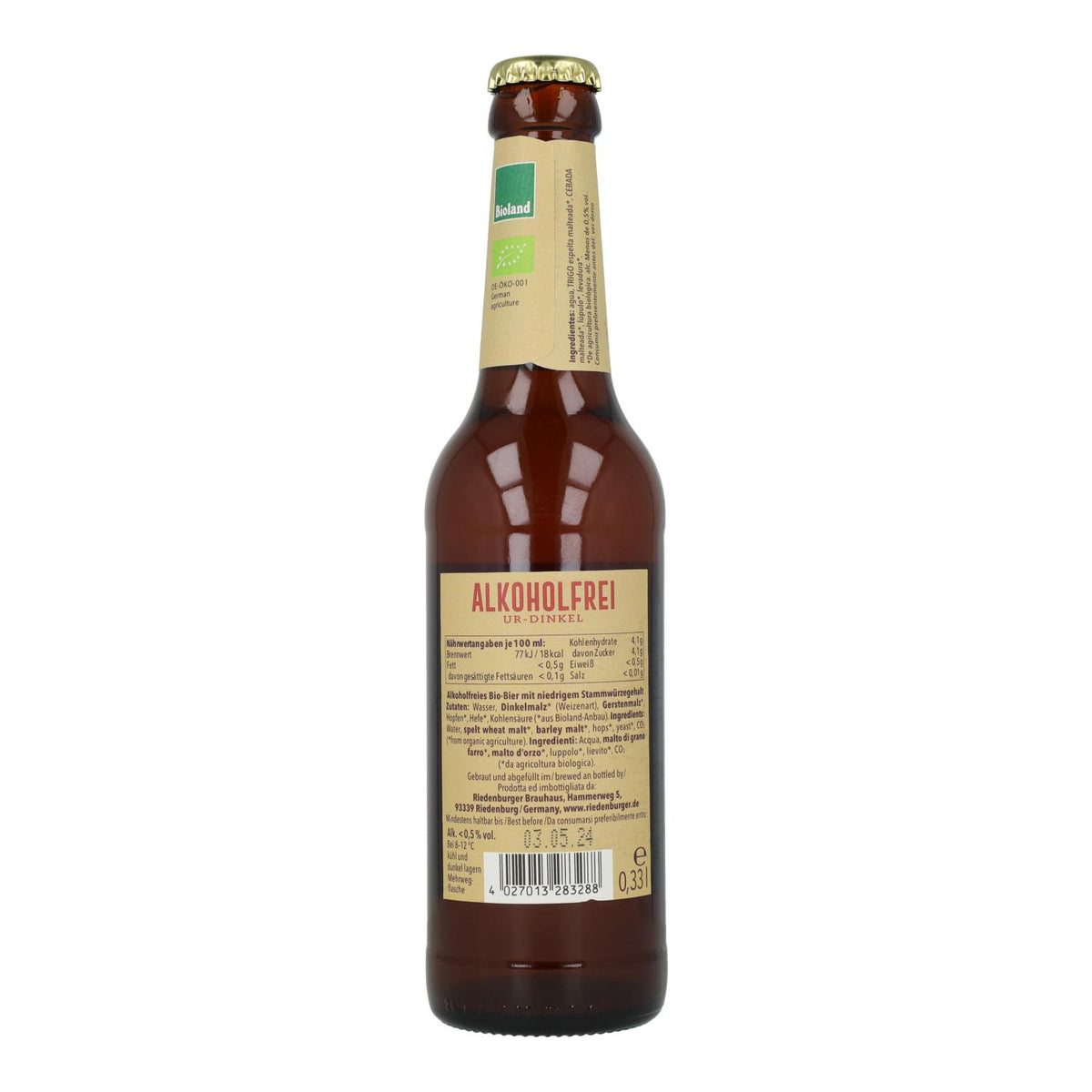 Cerveza espelta sin alcohol bio Riedenburger 33cl