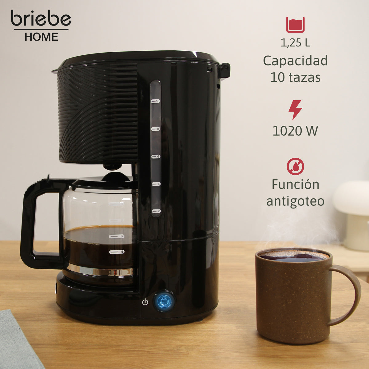 Briebe Cafetera Goteo 10 Tazas Máquina De Café Filtro Reutilizable, Función Mantener Caliente, 1,25 L, Cm1171blk,negro_1