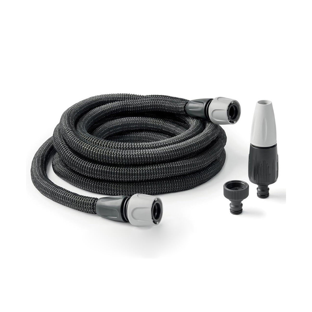 Kit manguera extensible Aquapop Grey Easy 15 m con lanza ergónomica, racores y nariz de grifo