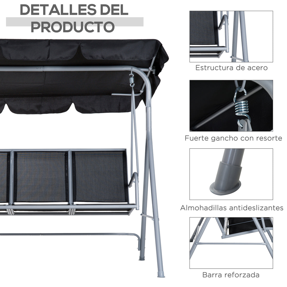 Columpio Balancín Jardín De 3 Plazas Outsunny 171x108x154 Cm Negro_5