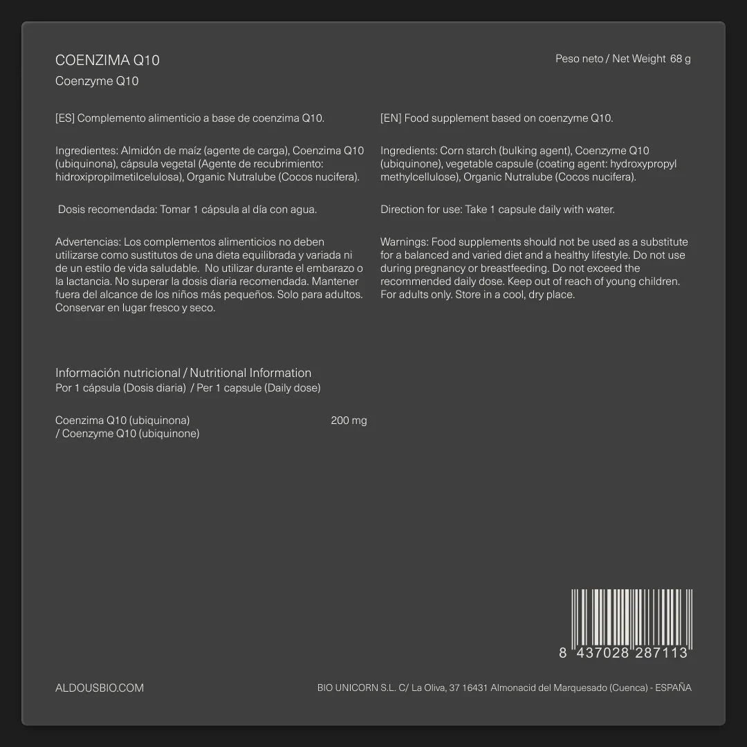 Etiquetado Coenzima Q10 200 mg 125 Cápsulas Aldous Bio