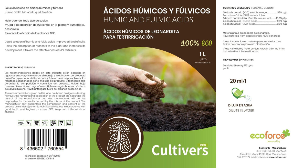 Cultivers Abono De Ácidos Húmicos Y Fúlvicos 1 L . Fertilizante De Leonardita. Potencia La Fertilidad Del Suelo…_2