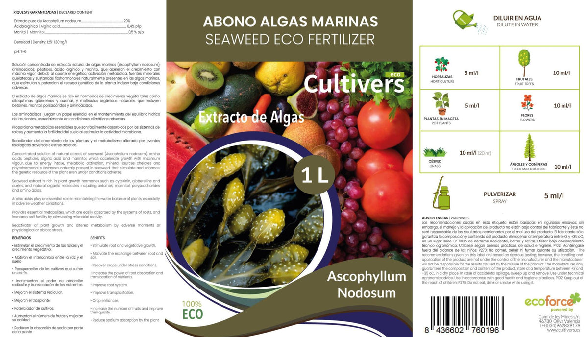 Cultivers Fertilizante Algas Marinas Líquido 2x1l. Abono Orgánico Para Plantas Extracto De Ascophyllum Nodosum…_1