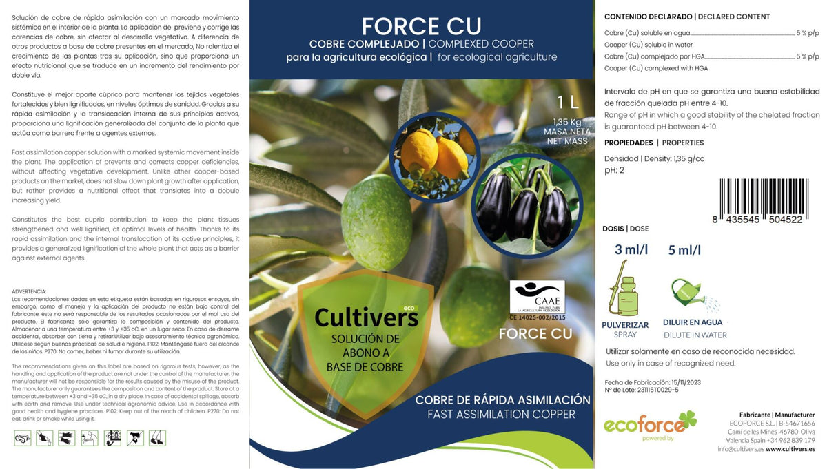 Cultivers Gluconato De Cobre. Abono Fertilizante Con Efecto Fungicida De Cobre Ecológico De 1 L Que Mejora El…_2