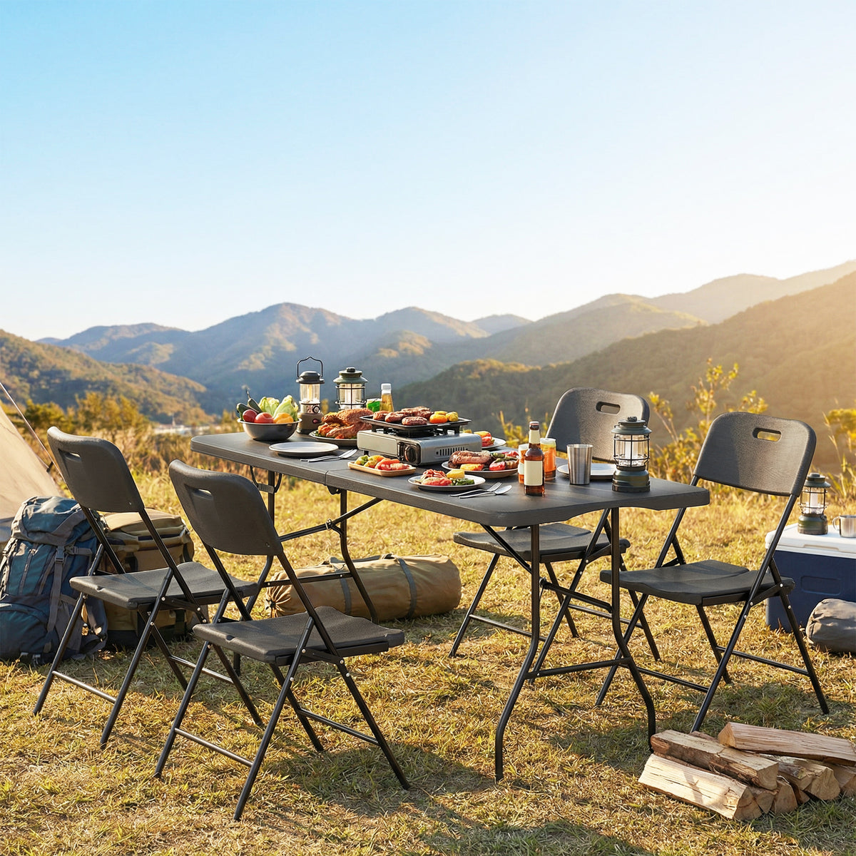 Conjunto Para Camping Outsunny Hdpe, Metal Negro 180x74x74 Cm_1