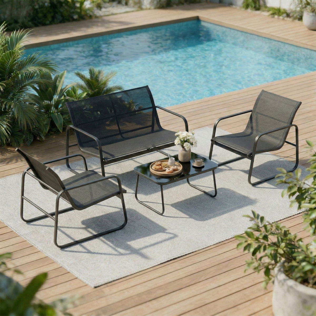 Muebles De Jardín Outsunny Acero, Textilene Gris Oscuro Y Negro 112x73x74 Cm_1
